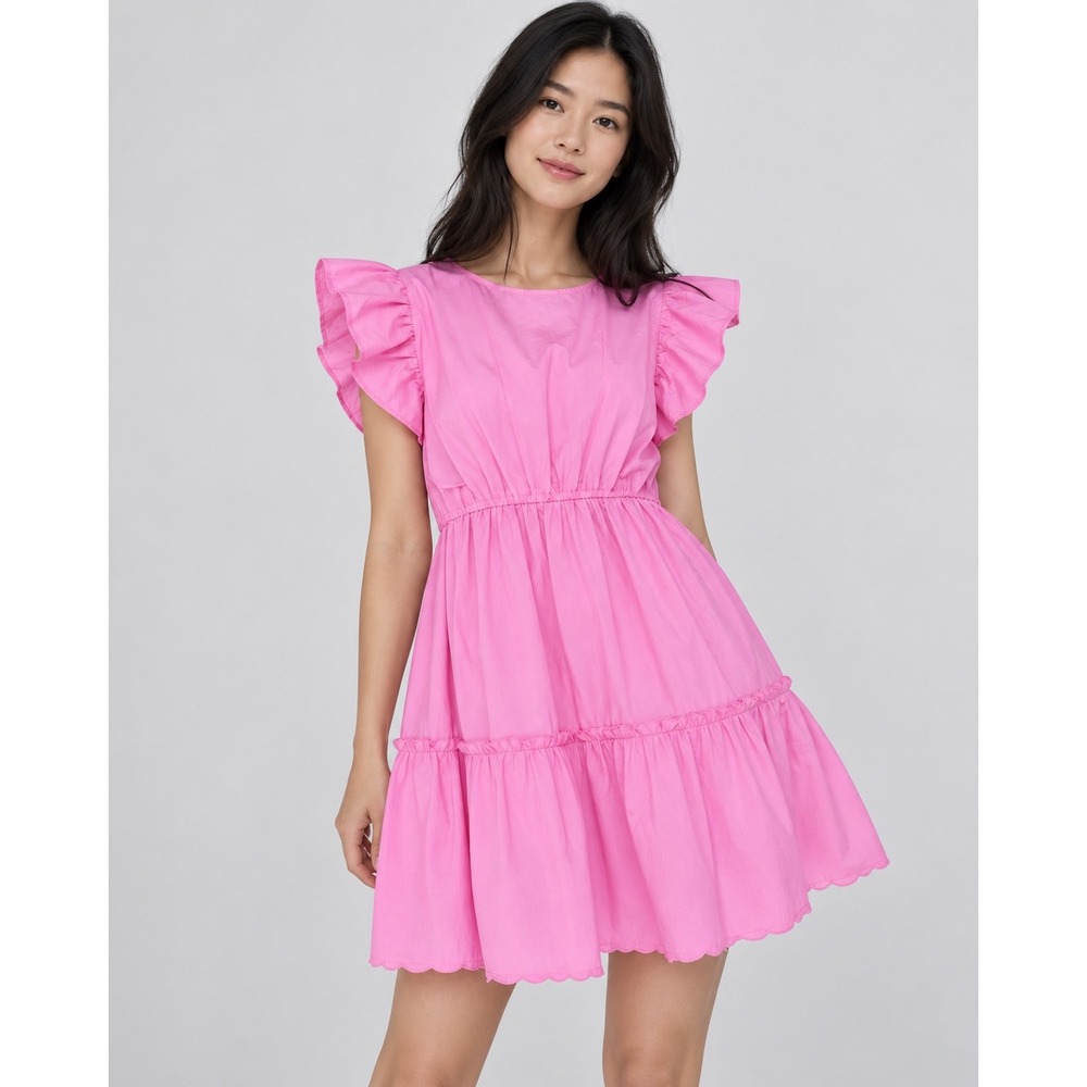Japna Pink Swiss Dot Ruffle Lace Mini Dress Womens Medium Boho Tiered Summer